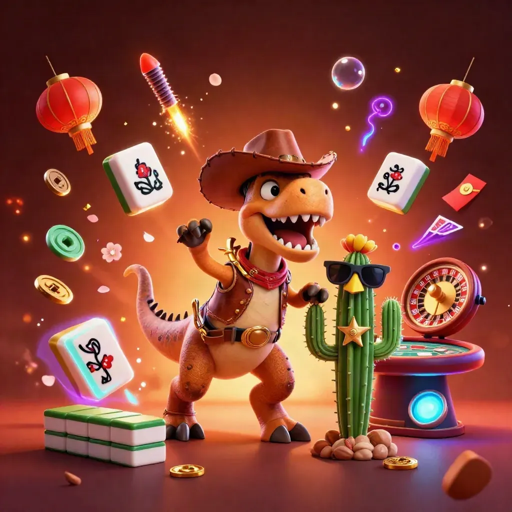 Cowboy T-Rex, cactus sidekick and roadrunner amid casino treasures and glowing neon effects.