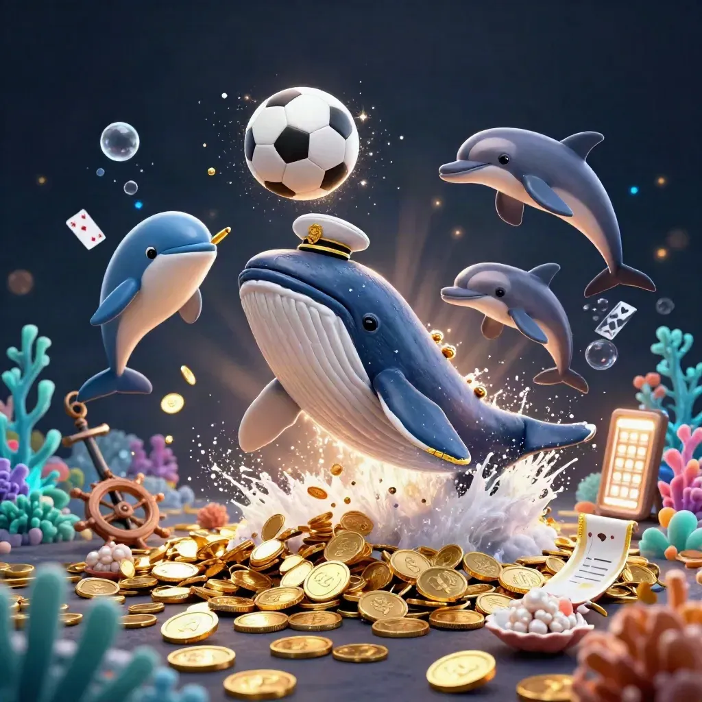 Whale captain, narwhal, and dolphins bursting through coins in a jeweled underwater casino scene.