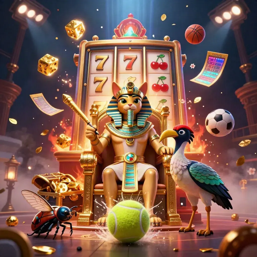 Pharaoh cat, ibis, and gem-wing beetles amid slot machine gold and sports balls