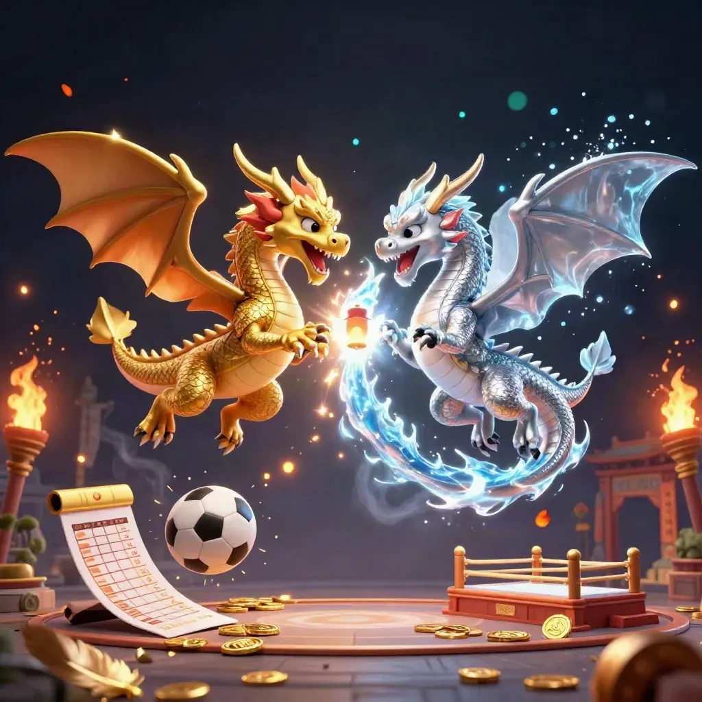 Twin gold and silver dragons spiral over a torch-lit ring with casino coins, balls, and cyan haze.