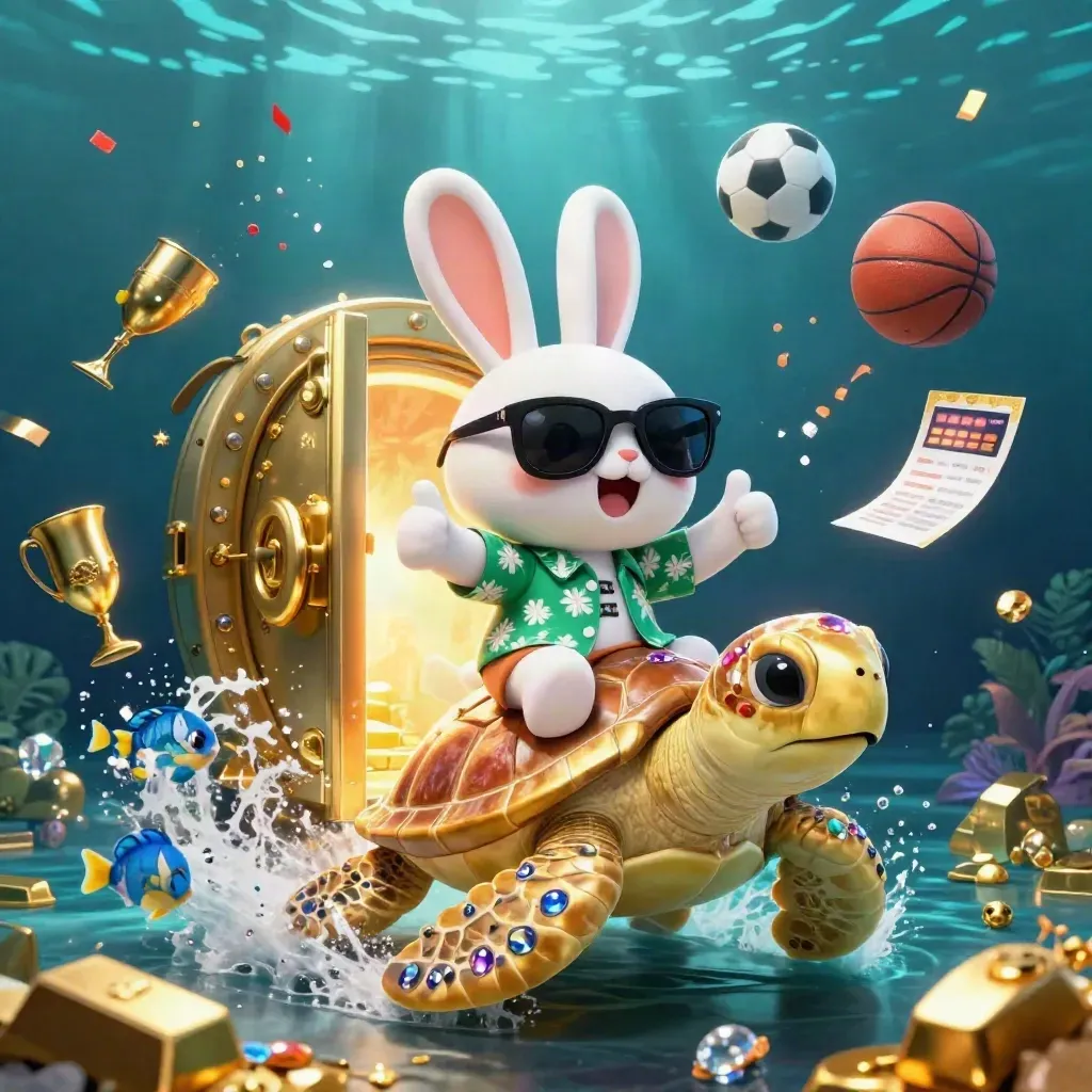 Lucky rabbit rides a golden sea turtle as treasure, fish, confetti, and sports balls swirl underwater.
