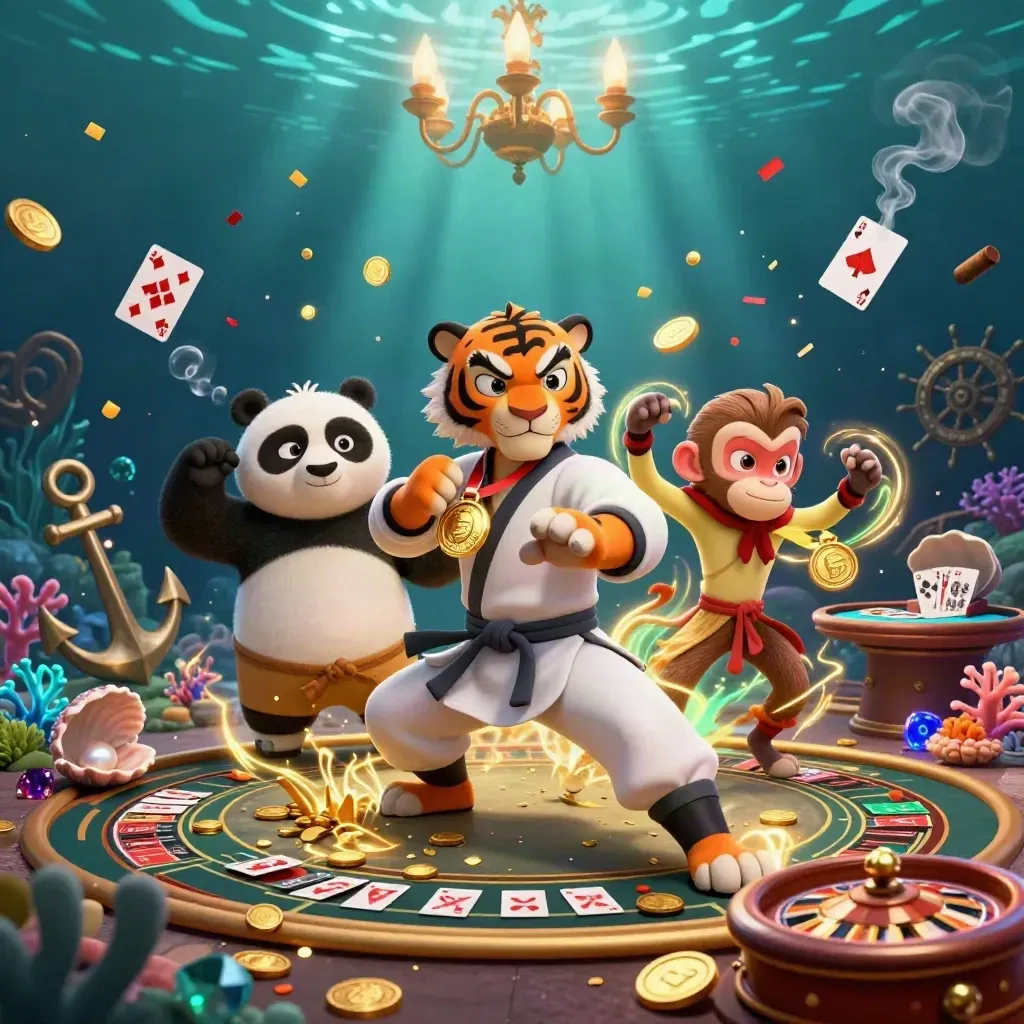 Tiger, panda, and monkey in a glowing underwater casino treasure cove with coins, coral, and fireworks.