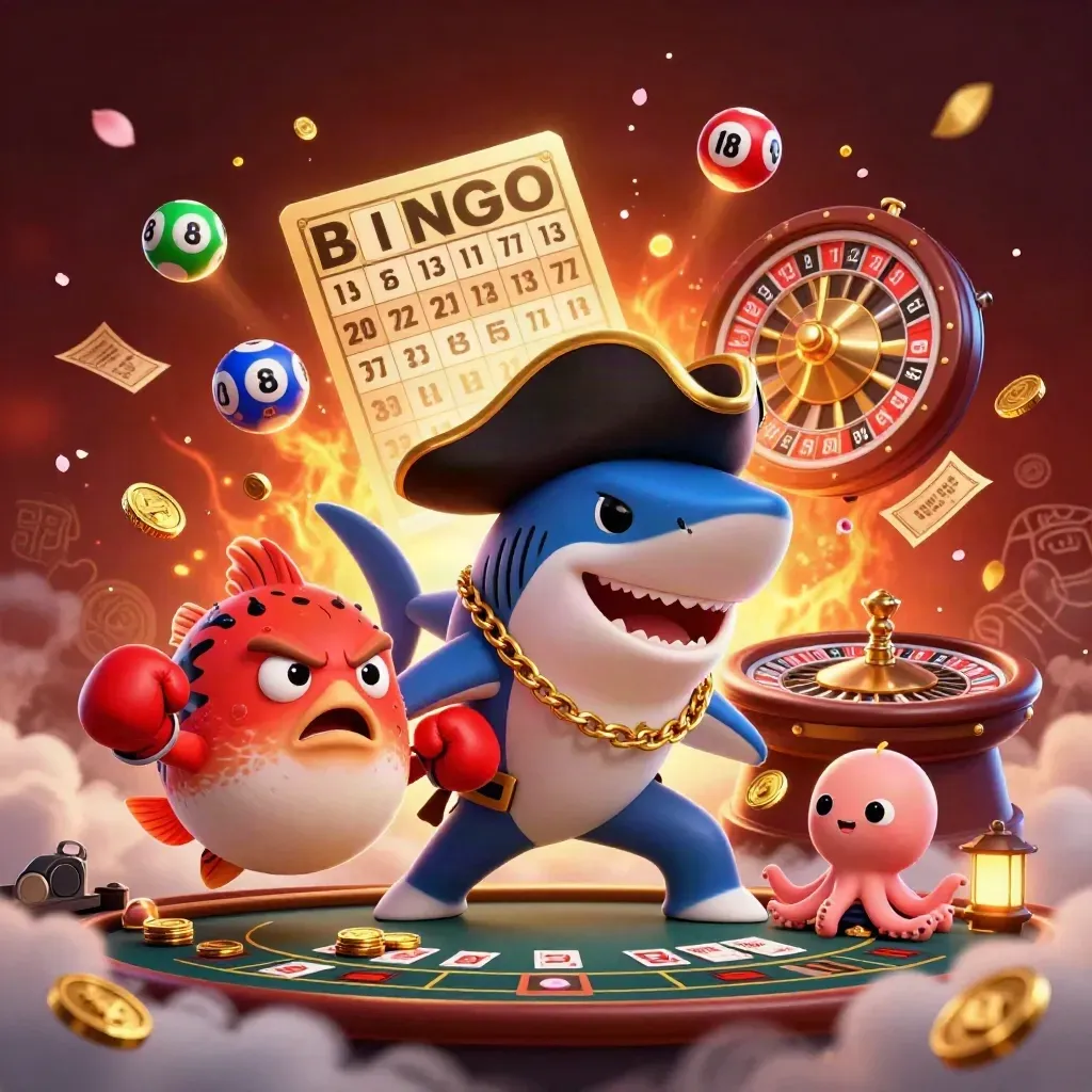 Pirate shark, pufferfish, and octopus amid casino wheels, coins, and ember-lit crimson glow.