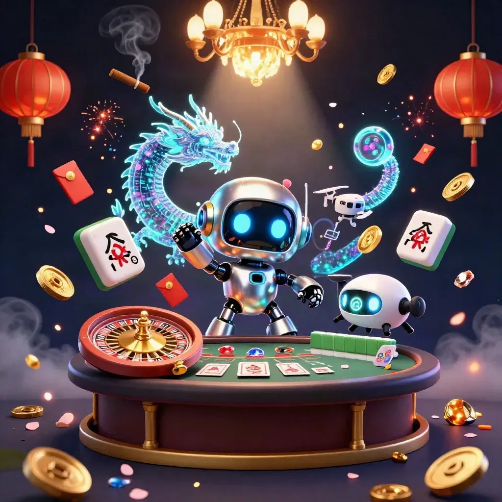 Cyberpunk robot, holographic dragon, and drone amid casino luxury with lanterns, coins, smoke, and glowing lights