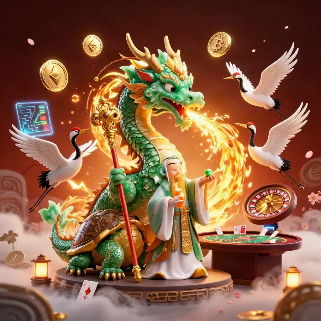 Emerald dragon, turtle sage, cranes, coins, runes, and firelight in premium casino key art.