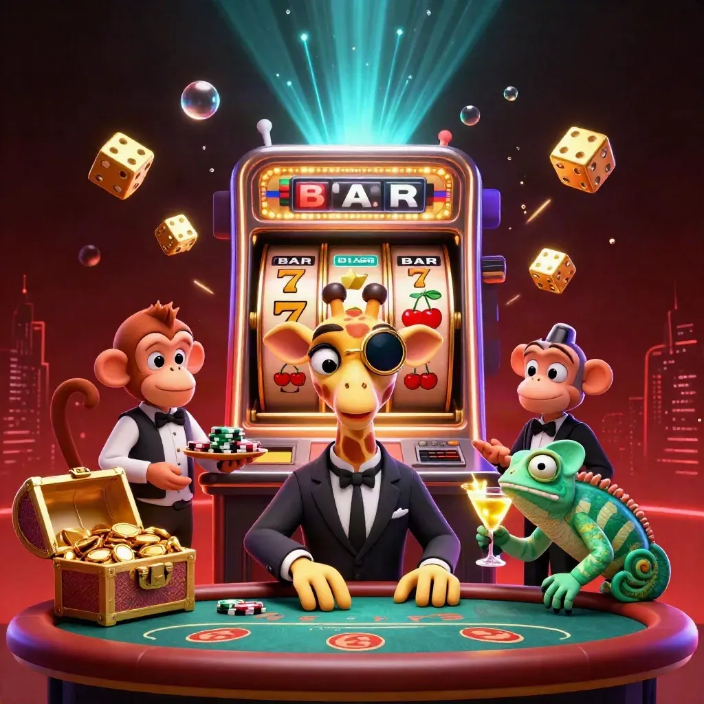 Giraffe VIP gambler, monkey valet, and chameleon bartender amid jackpot chaos and gold loot