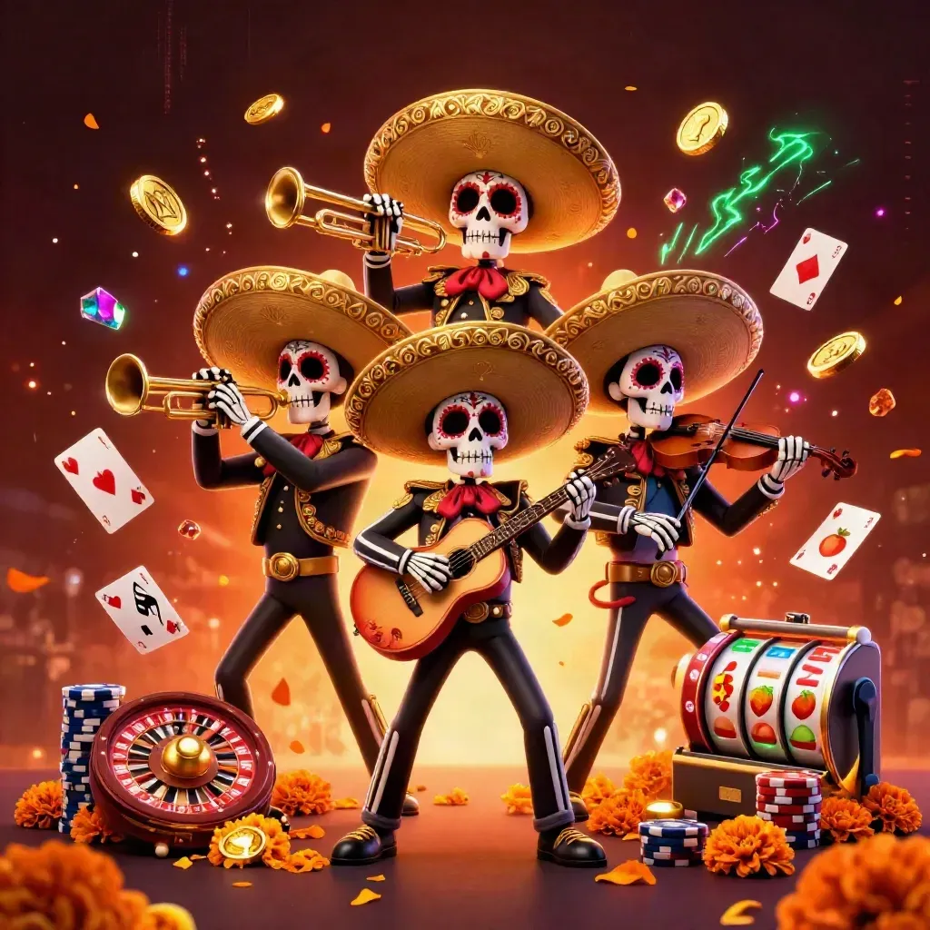 Day-of-the-Dead skeleton mariachi trio amid coins, gems, roulette wheel and neon casino effects