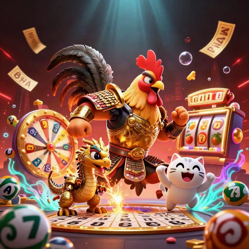 Rooster warrior, dragon hatchling, and fortune-cat amid casino bursts, gold lights, and neon effects.