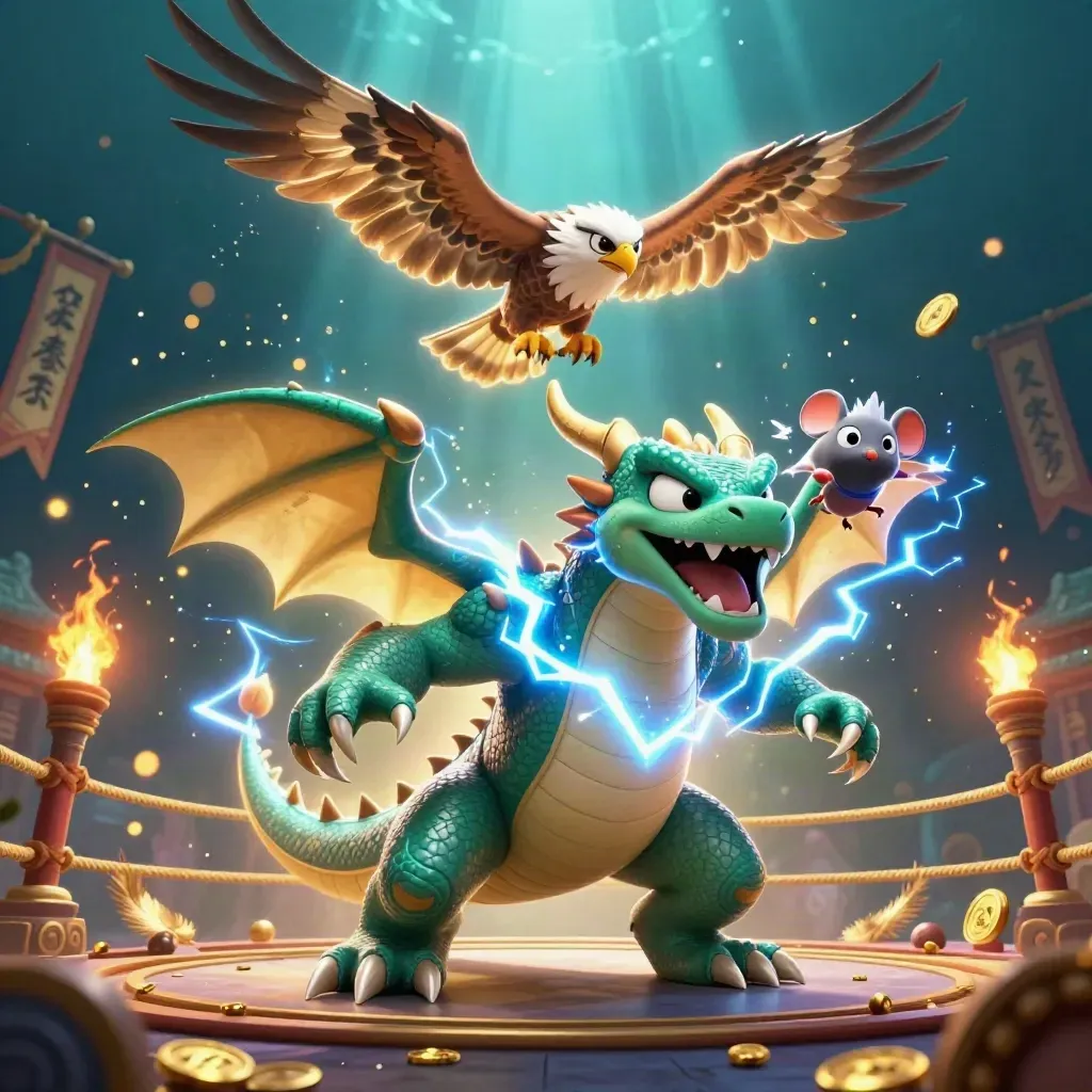 Thunder dragon, wind hawk, and static mouse amid temple gates, gold, and lightning