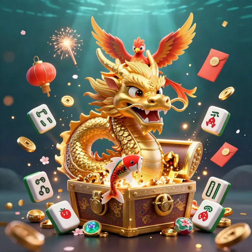 Golden dragon, phoenix, and koi burst from a treasure chest amid casino charms and glowing coins.