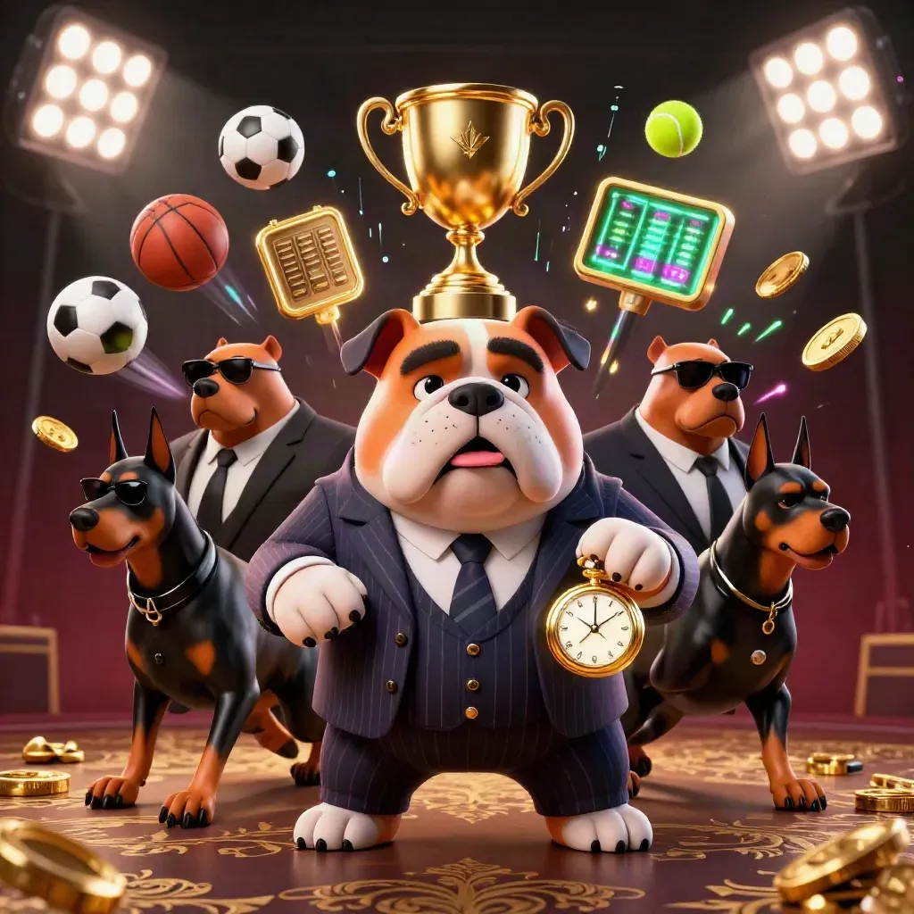 Bulldog boss with Doberman bodyguards, sports balls, trophy, coins, and neon casino lighting.