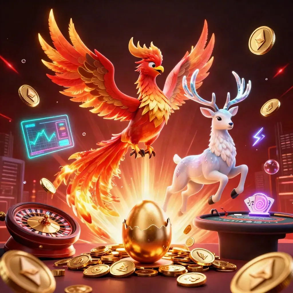 Phoenixes and a crystal stag amid exploding coins, vault light, and casino power effects.