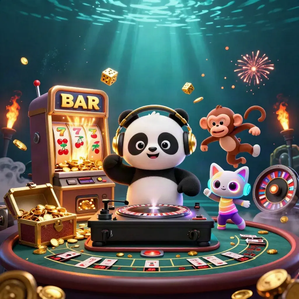 Panda DJ, dancing monkey, and glow-stick kitten amid casino gold, slots, and fireworks.