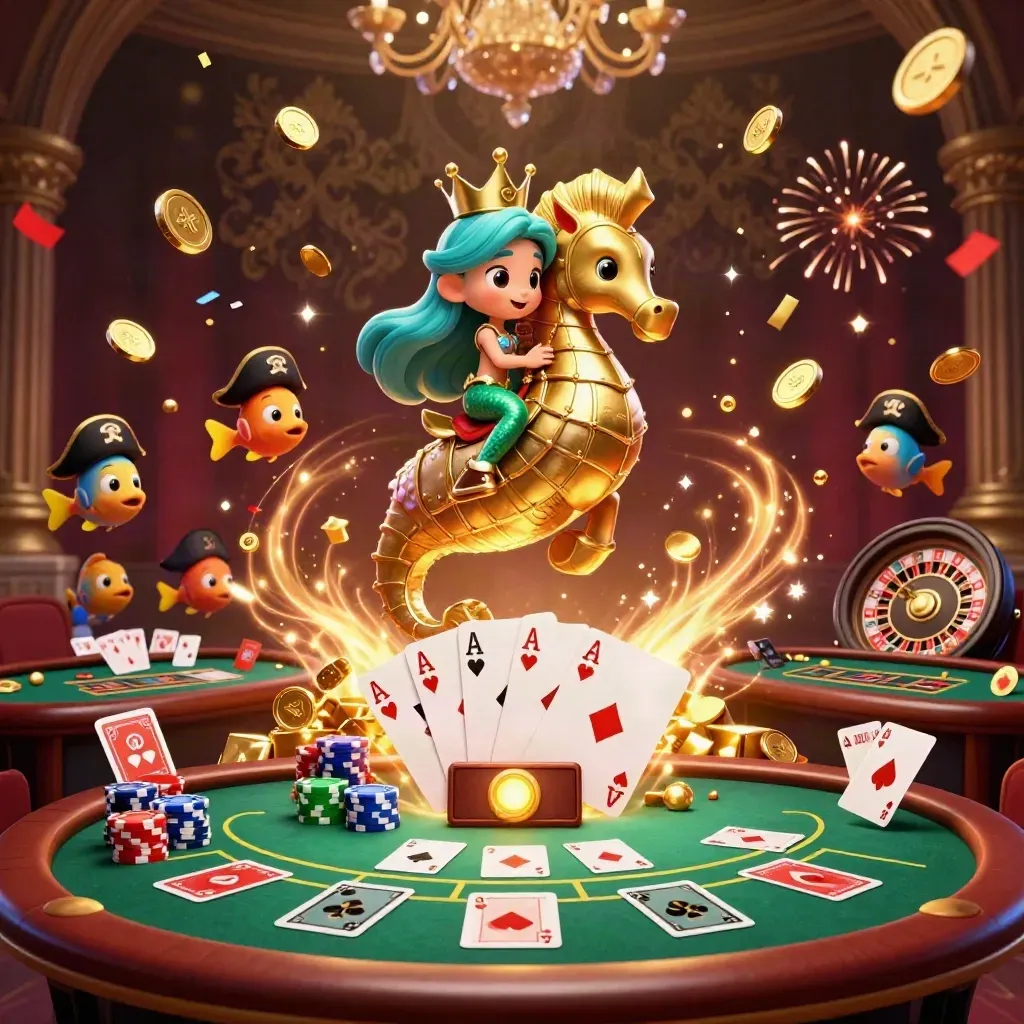 Mermaid princess on seahorse amid casino chips, cards, coins, fireworks and treasure blast.