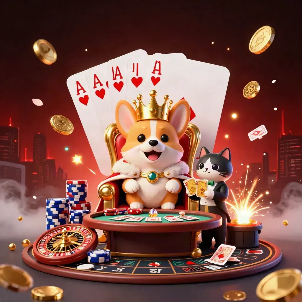 Corgi king and cat butler amid coins, cards, chips, roulette, and casino fireworks.