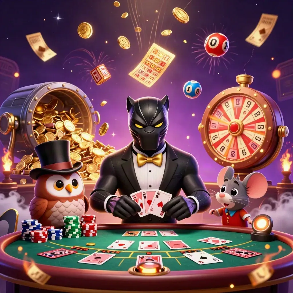 Panther, owl, and mouse amid exploding coins, fireworks, and glowing casino props.