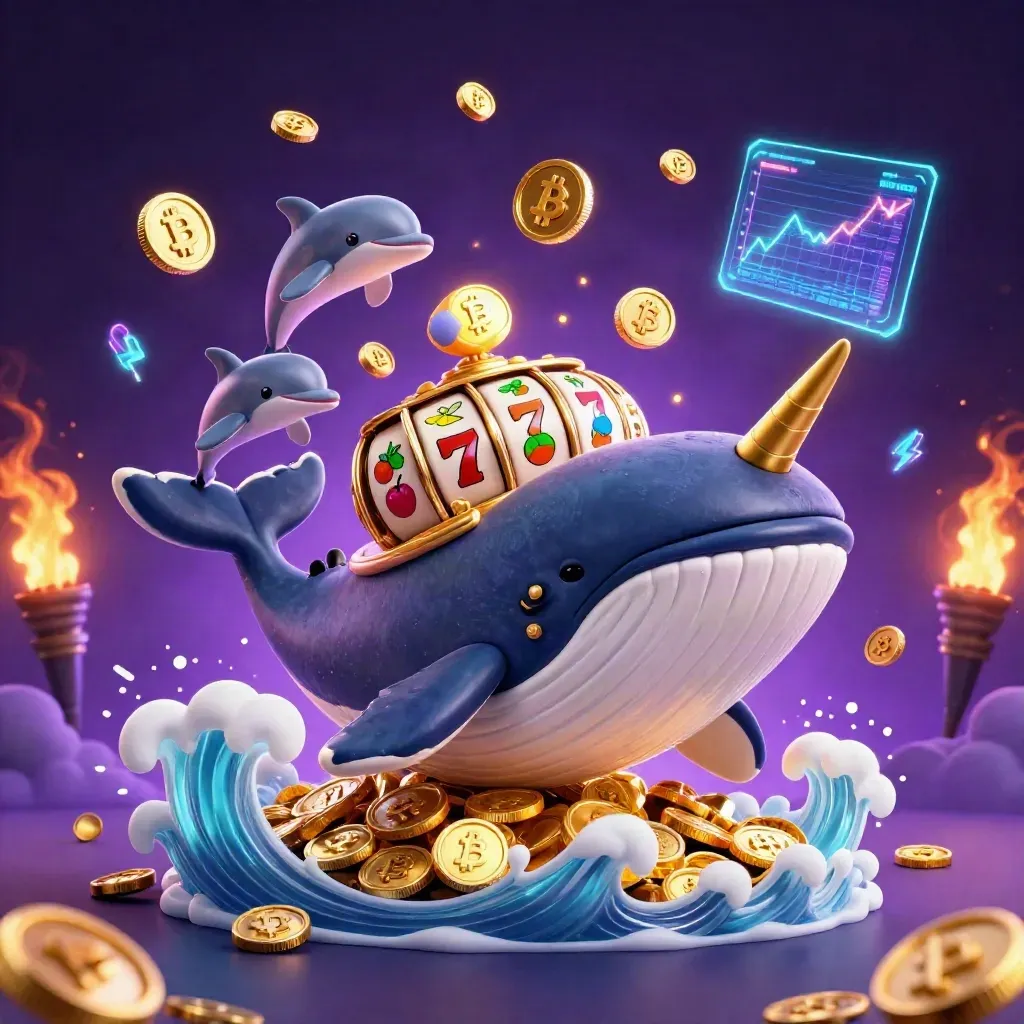 Captain whale, narwhal, and dolphins burst through coins with casino neon effects