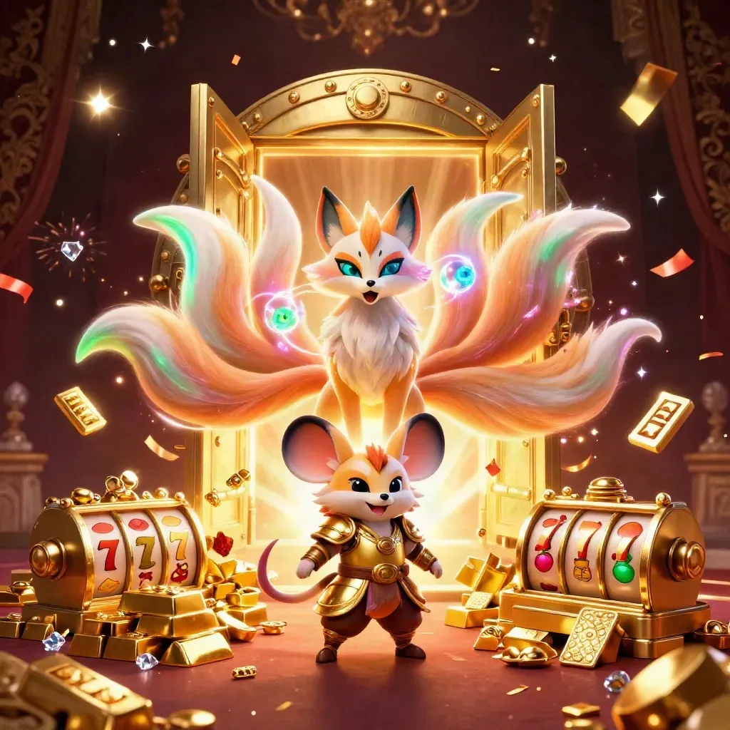 Nine-tailed fox spirit and armored mouse with vault, gold, reels, and casino magic