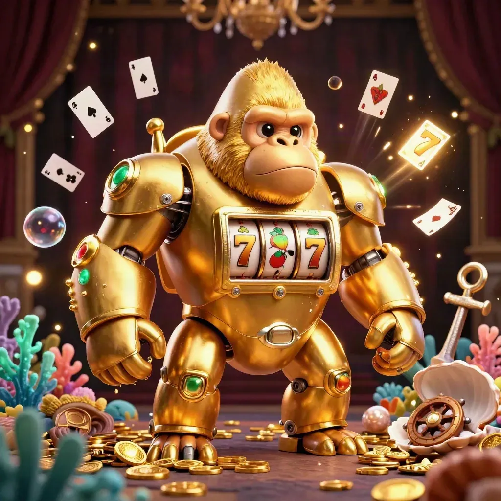 Golden gorilla slot mech with tiny monkey pilot amid coins, coral, and glowing casino lights
