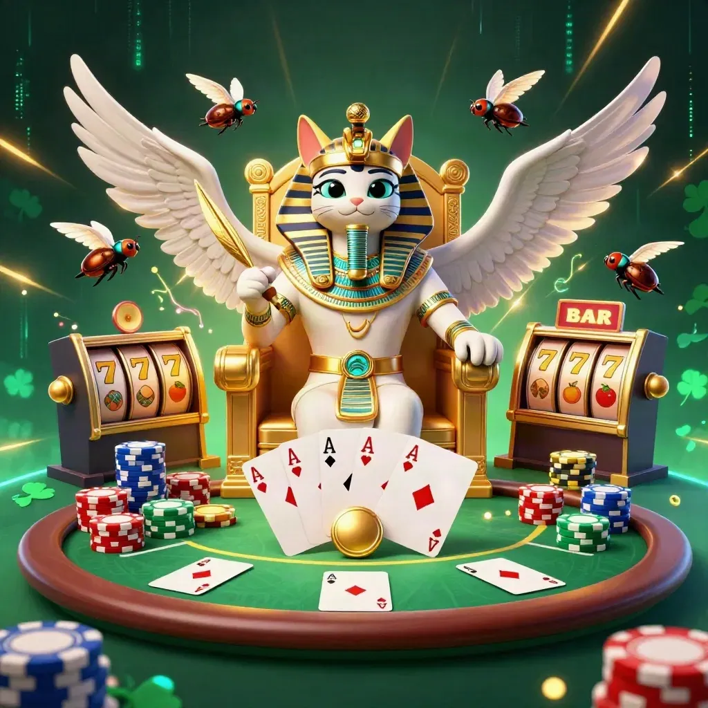 Pharaoh cat, ibis scribe, scarabs, poker chips, cards, reels, and neon casino energy.