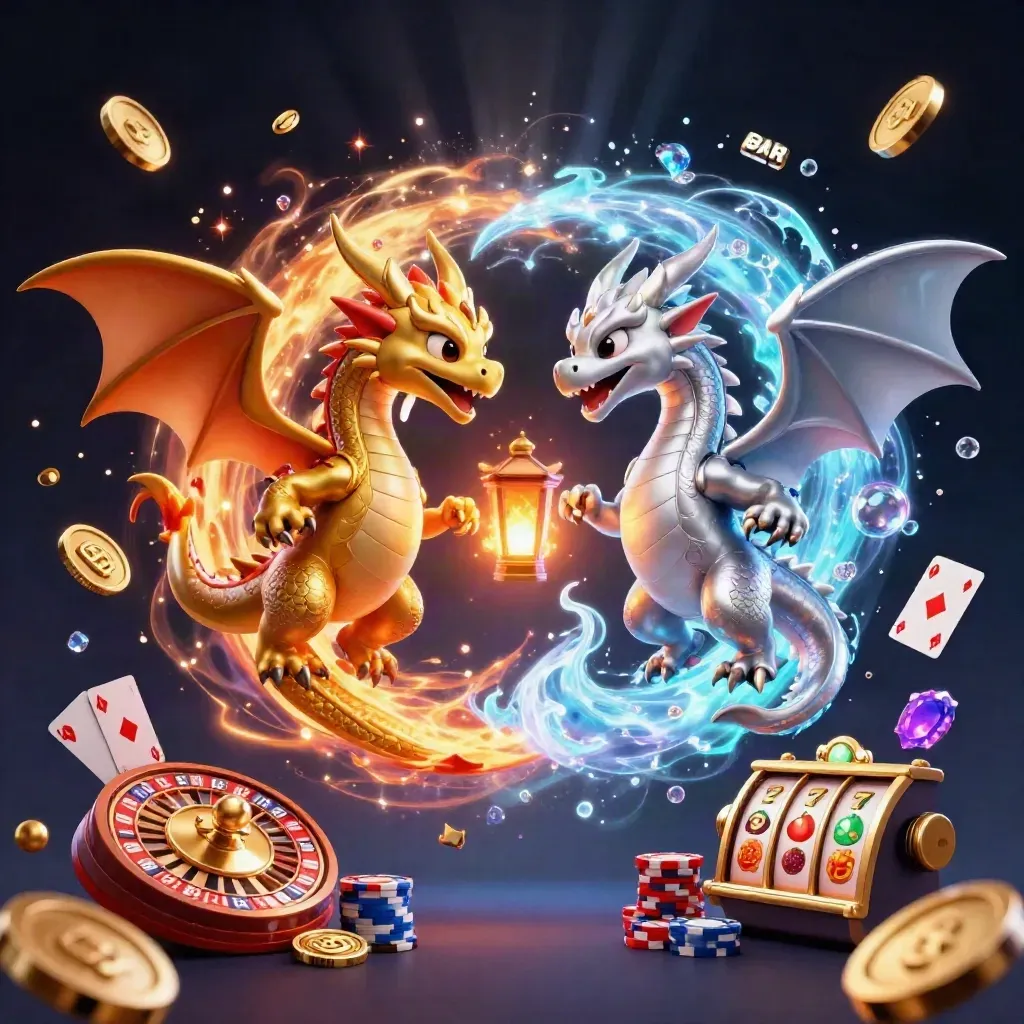Gold and silver dragons spiral with casino icons, coins, chips, cards, and glowing magical light.