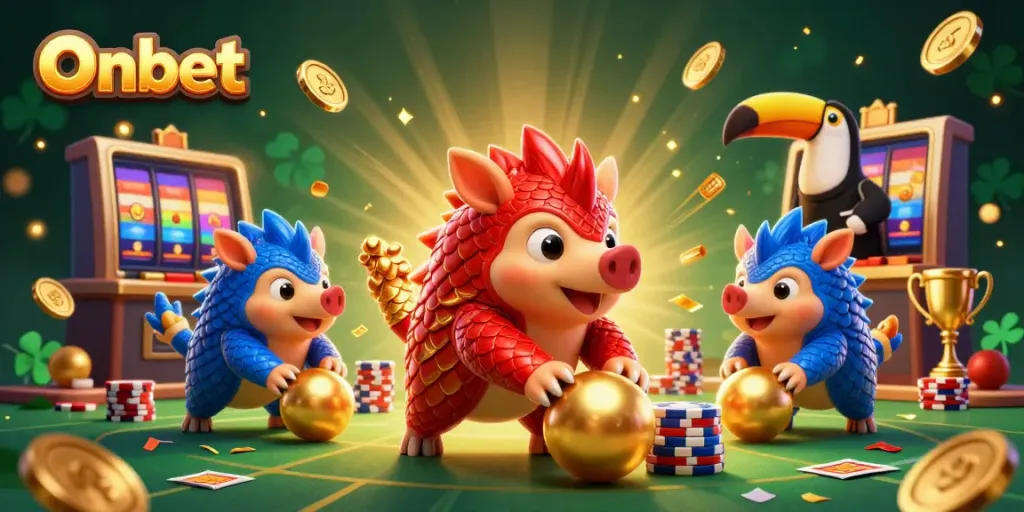 Experience exciting gameplay with Onbet as rival pangolins bowl through poker chips in a dynamic casino scene.