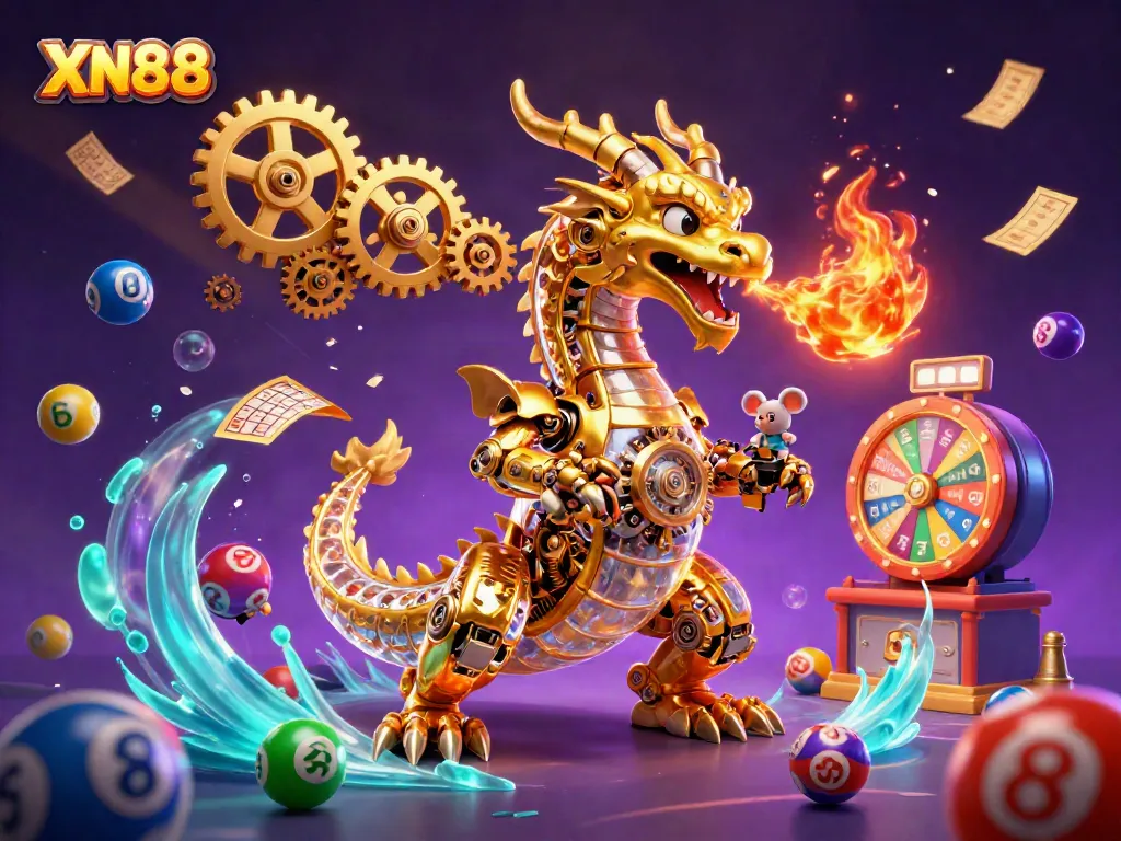 Experience excitement at XN88, with a biomechanical dragon and colorful lottery elements in a vibrant casino scene.