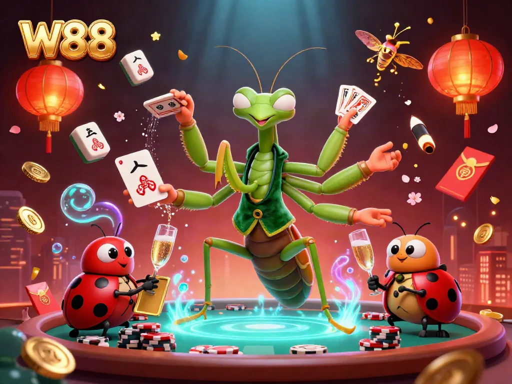 W88 card sharp and ladybug pit boss celebrate with casino elements in vibrant 3D illustration.