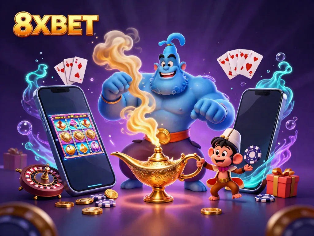 Experience the magic of 8XBET with a blue genie, poker chips, and dynamic gaming elements.