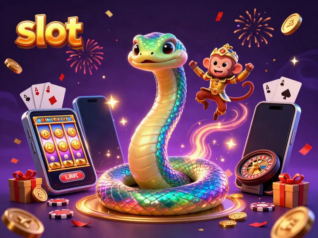Spin the slot reels in a magical casino scene with a vibrant rainbow serpent and monkey king.