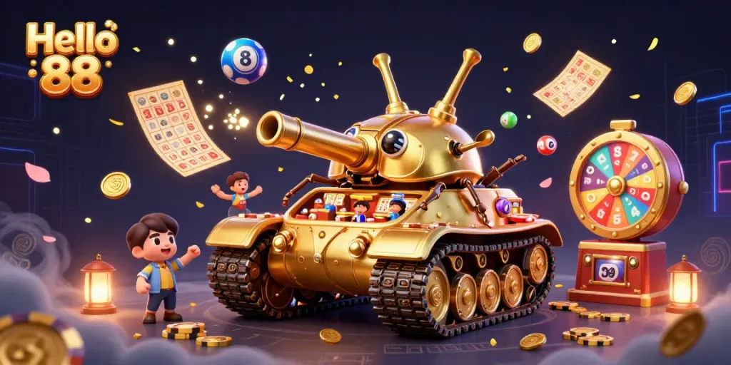 Engage in exciting gameplay at Hello 88 with a whimsical casino scene featuring vibrant lottery elements and gold.