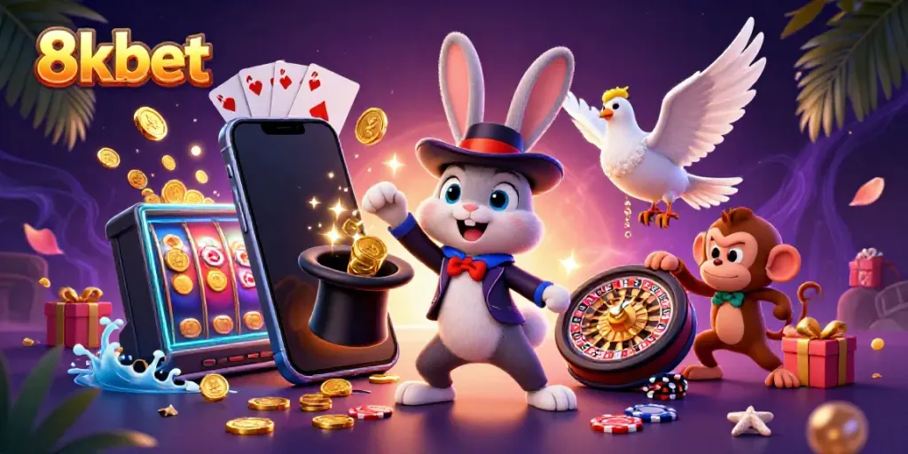 Experience the magic of 8xbet casino with a whimsical illustration of a magician, dove, and monkey.
