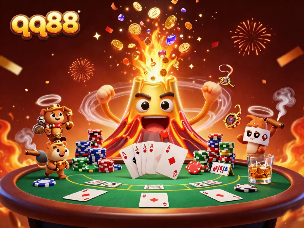 Experience the thrill of qq88 with a vibrant casino scene featuring treasures and poker elements.