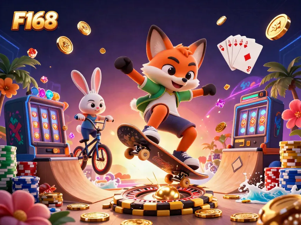 Experience F168 thrills with a skateboard fox and BMX rabbit amidst a vibrant casino backdrop.