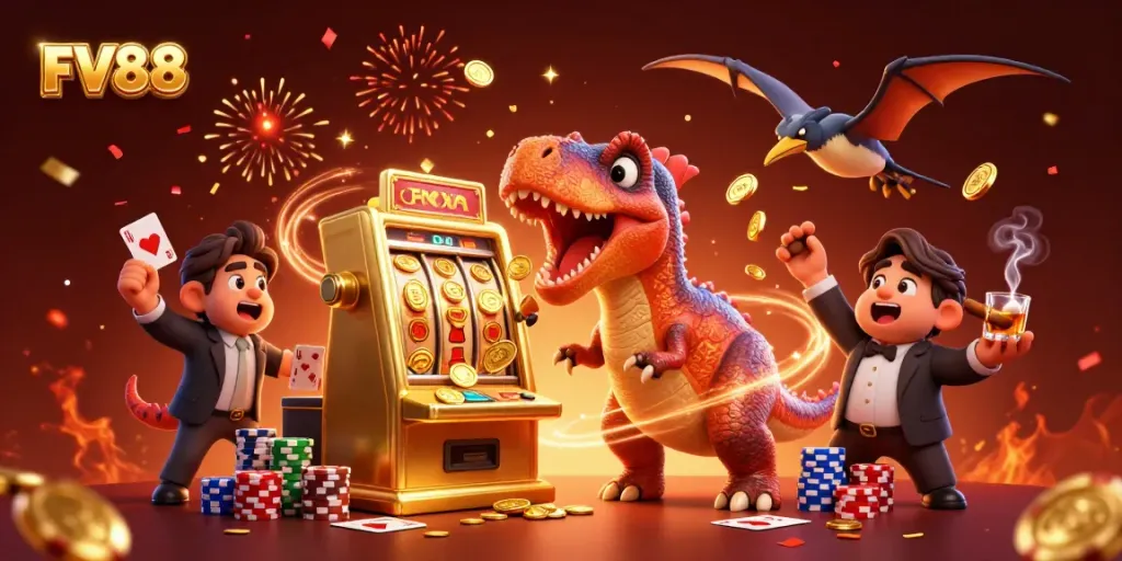 Experience the thrill of FV88 with cartoon dinosaurs in a dynamic casino setting, celebrating jackpots.