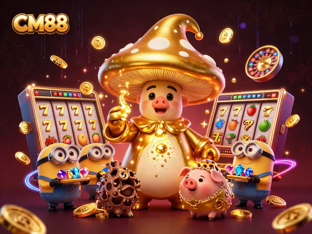 Experience the riches of CM88 with a golden mushroom wizard and dynamic casino elements.
