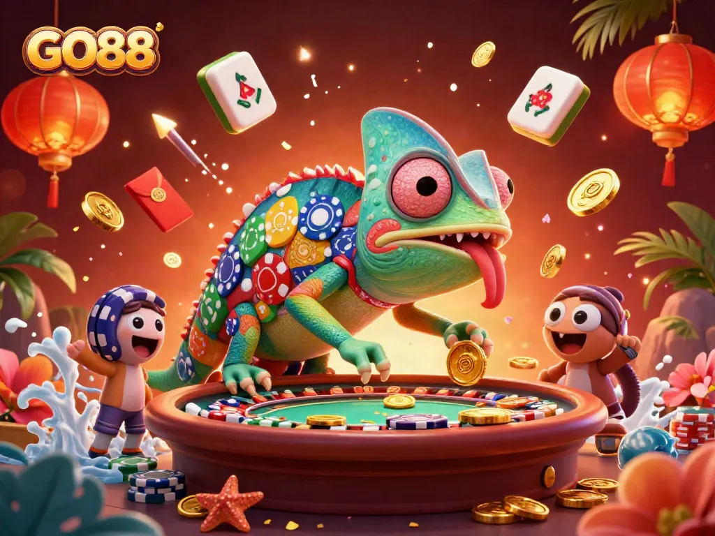 Win big with GO88 in this vibrant casino scene featuring exciting games and lucky symbols.