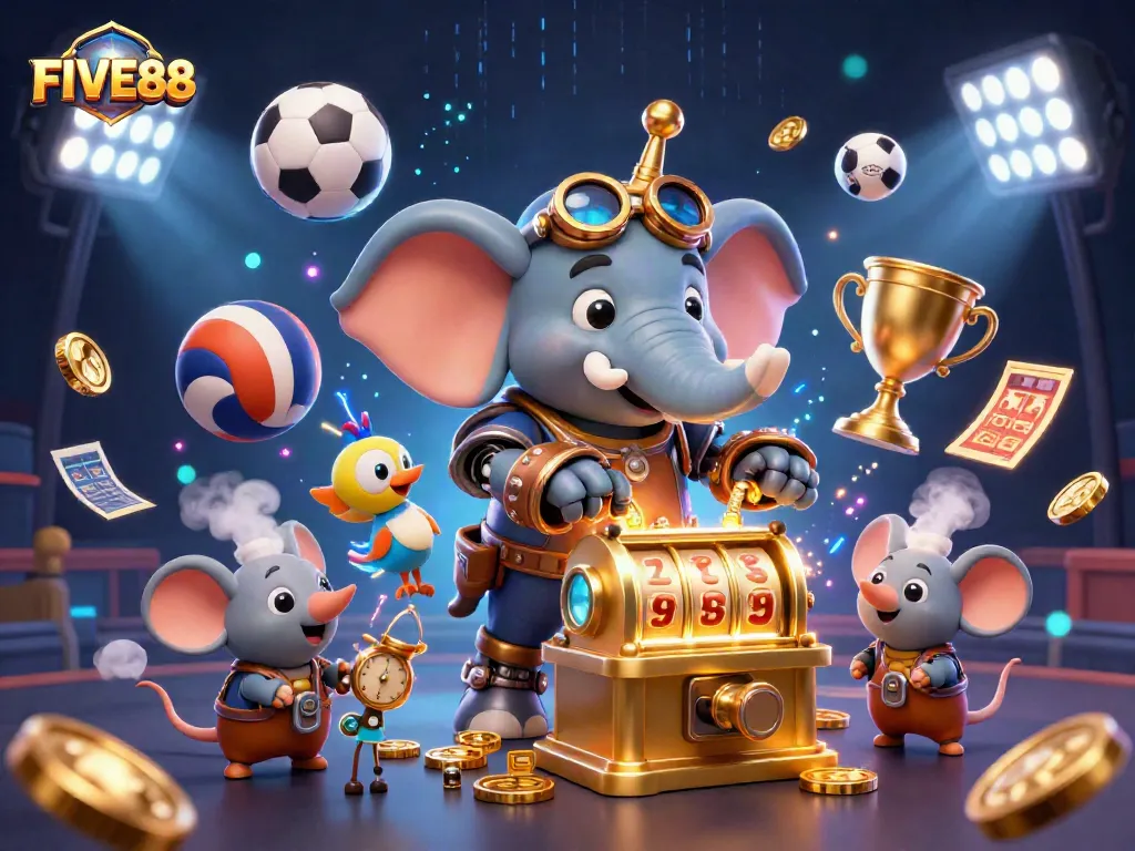 Experience exciting gameplay with FIVE88 featuring a steampunk elephant operating a golden slot machine surrounded by dynamic sports elements.