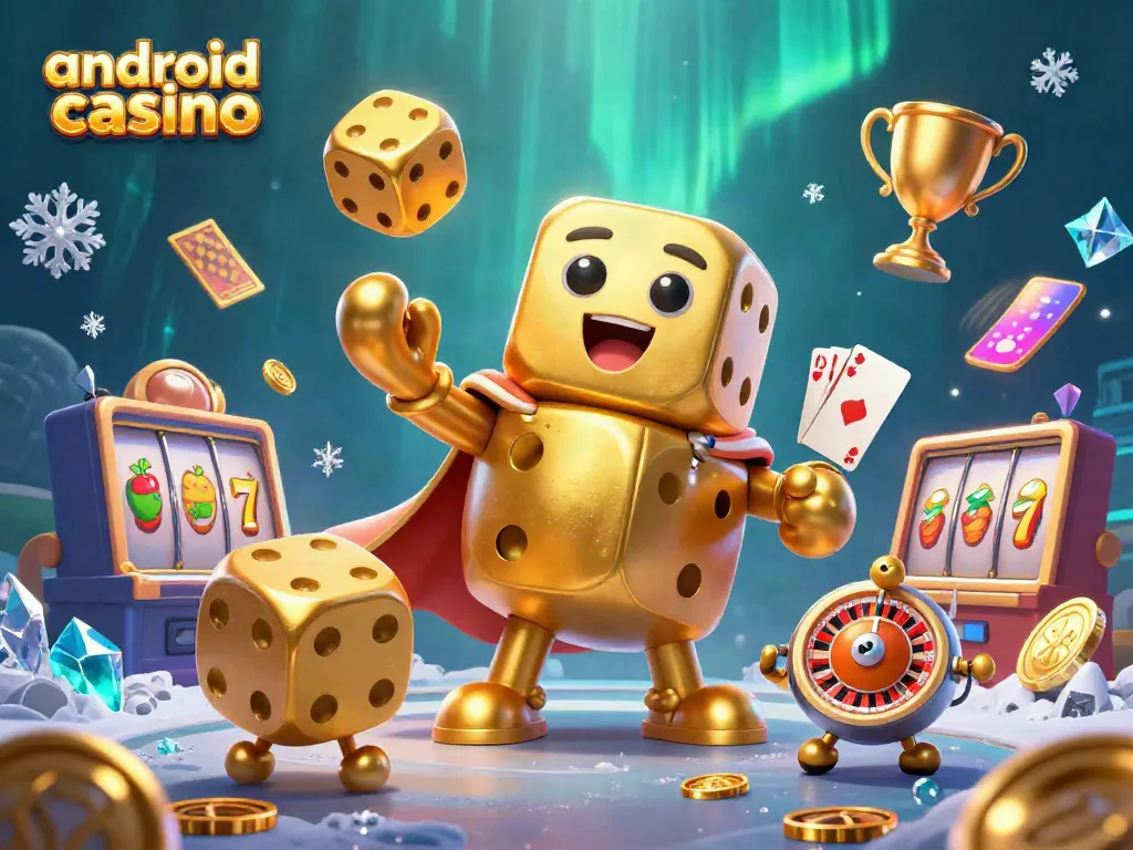 Play thrilling games at the android casino with a vibrant scene featuring a golden dice golem and various casino elements.