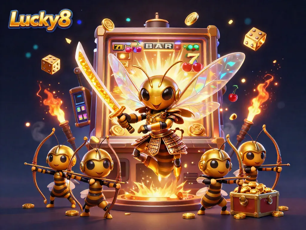 Engage in thrilling Lucky8 gameplay with a dynamic 3D illustration of a samurai hornet and casino elements.
