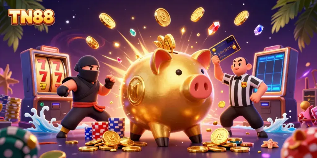 Experience thrilling TN88 action with dynamic casino elements and colorful characters engaged in a lively atmosphere.