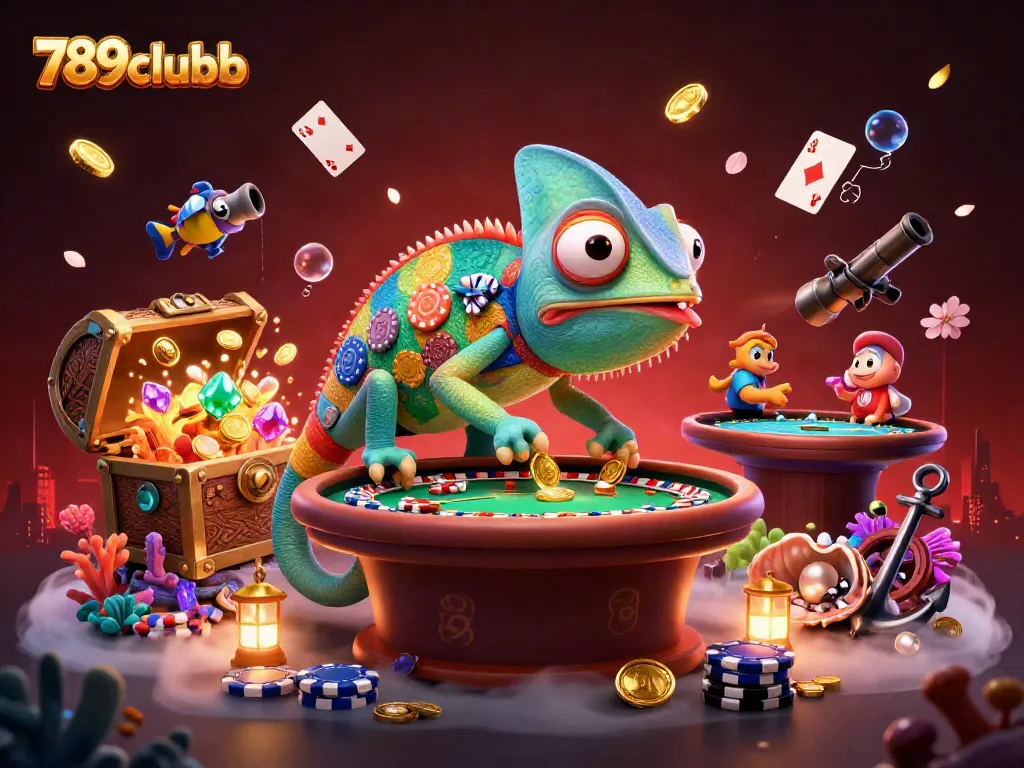 Experience vibrant casino action with characters from 789clubb, gold coins erupting from a treasure chest.