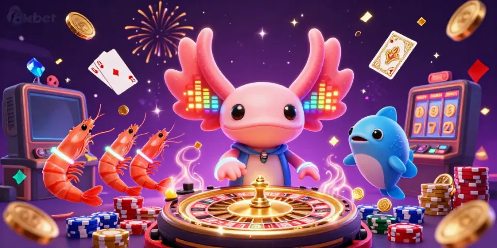 Experience the vibrant atmosphere of 8xbet with a neon axolotl DJ and dynamic casino elements.