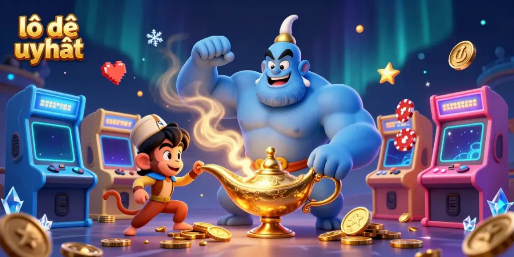 Experience the vibrant energy of lô đề uy tín with our colorful 3D illustration of a genie emerging from a lamp, surrounded by gaming elements.