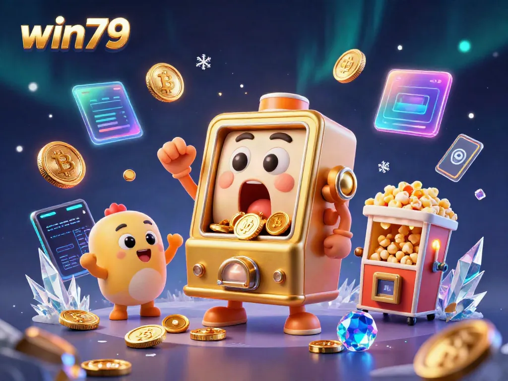 Experience the thrill of win79 as a golden slot machine celebrates a jackpot, radiating coins and excitement.
