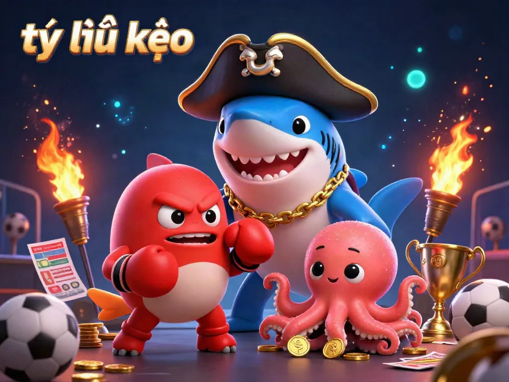 Experience thrilling tỷ lệ kèo with a playful 3D shark, pufferfish, and octopus in a dynamic betting scene.