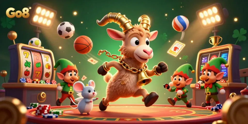 Go8 casino scene with Krampus goat, angel mouse, and gremlin characters amidst vibrant gaming elements.