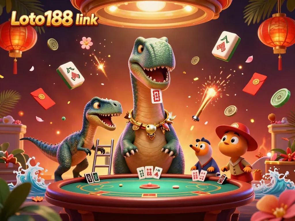 Winning at Loto188 link offers exciting gameplay with a cartoon dinosaur and casino elements.