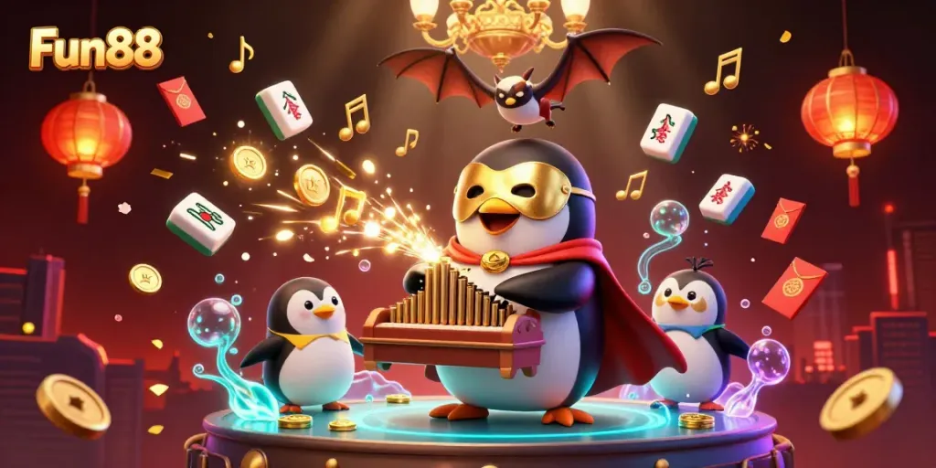 Experience the excitement of Fun88 with a vibrant casino scene featuring a penguin and golden riches.