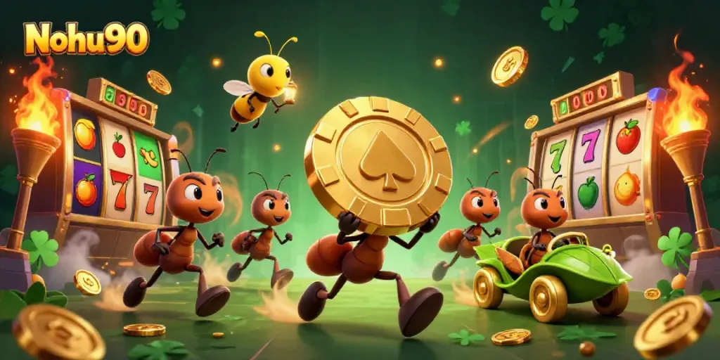 Nohu90 features a dynamic scene with ants heisting a large poker chip amidst vibrant slot game elements.
